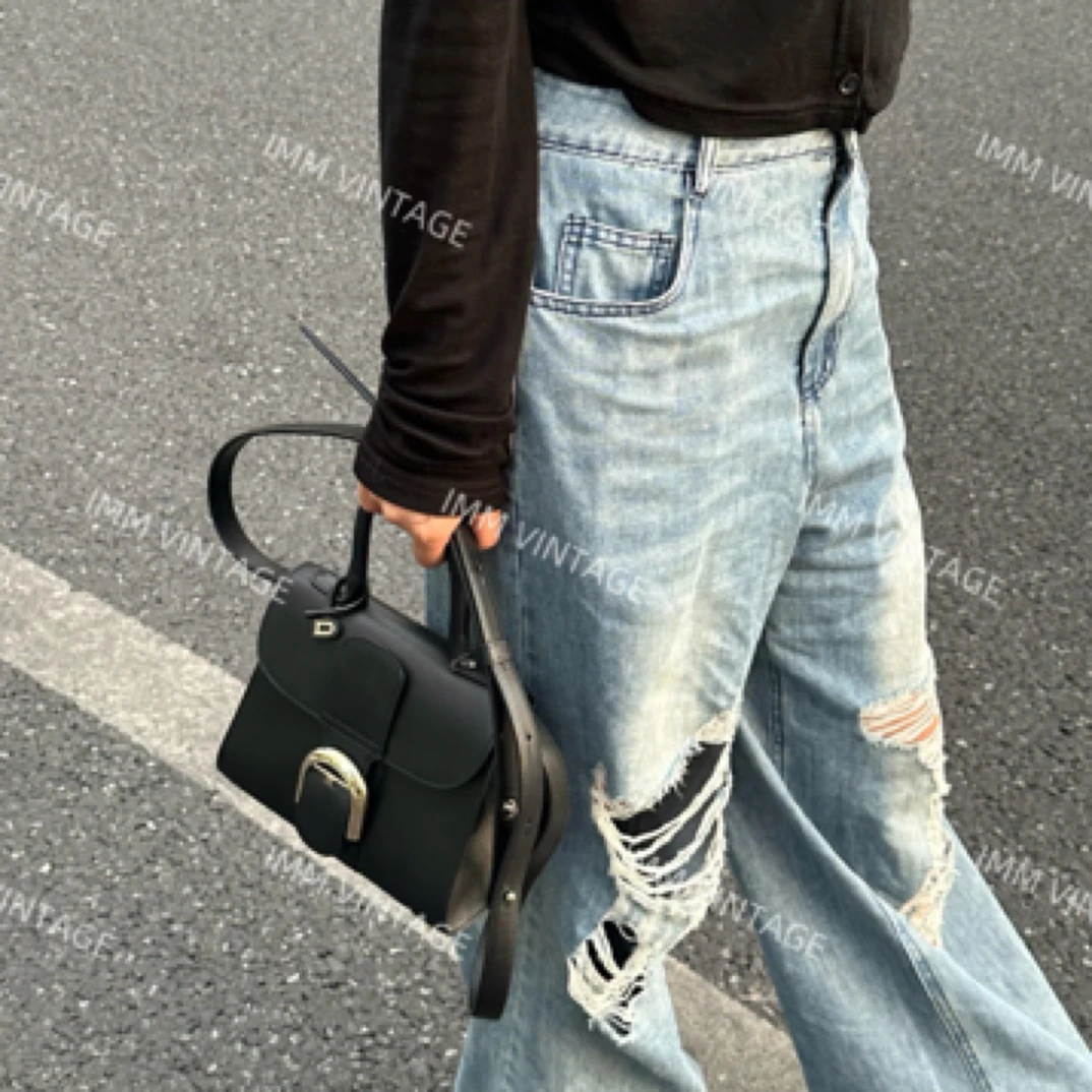 95新 Delvaux/德尔沃 brilliant mini 黑色牛皮金扣斜挎包