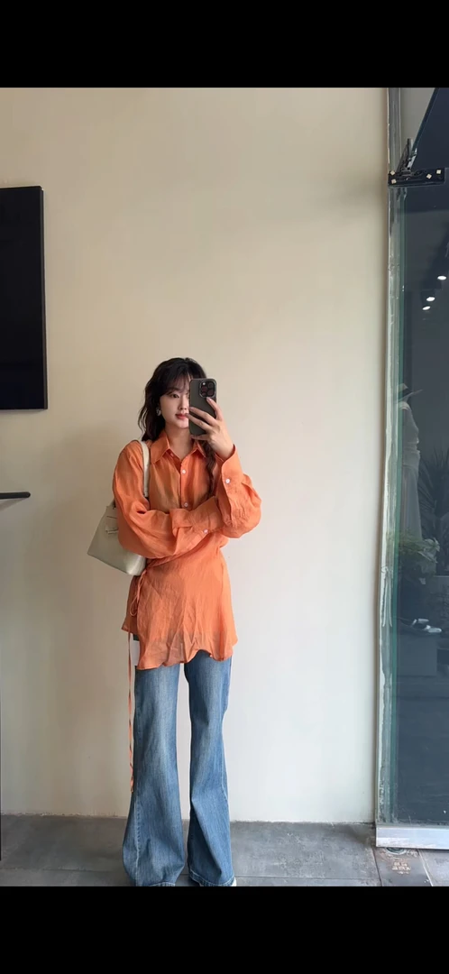 长袖单排多扣橘色夏季衬衫拼接四季通用上衣宽松百搭