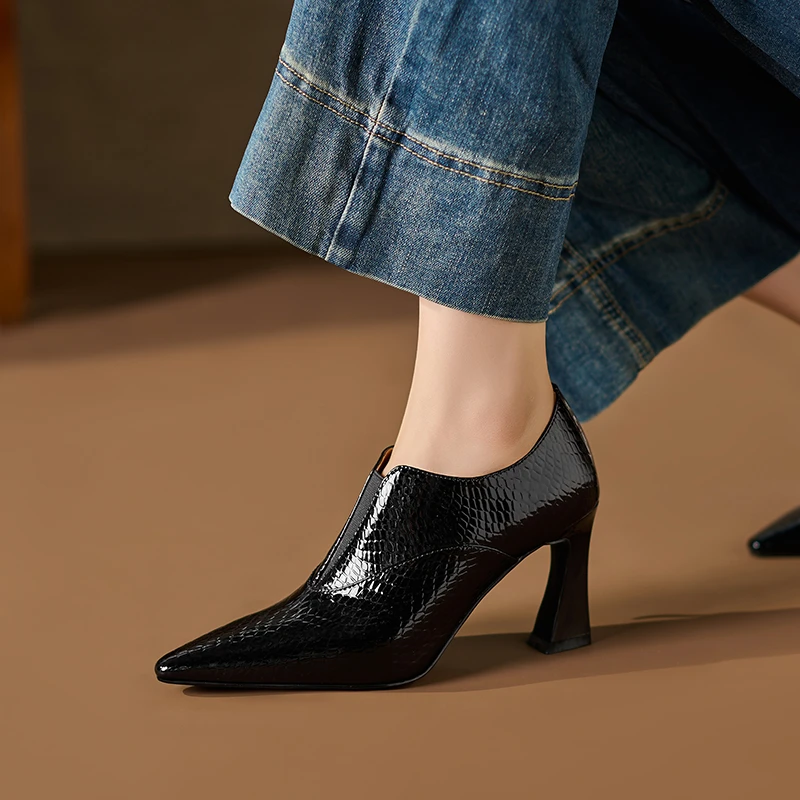 8cm漆皮深口单鞋女细跟尖头侧拉链高跟鞋秋冬百搭真皮英伦风女鞋