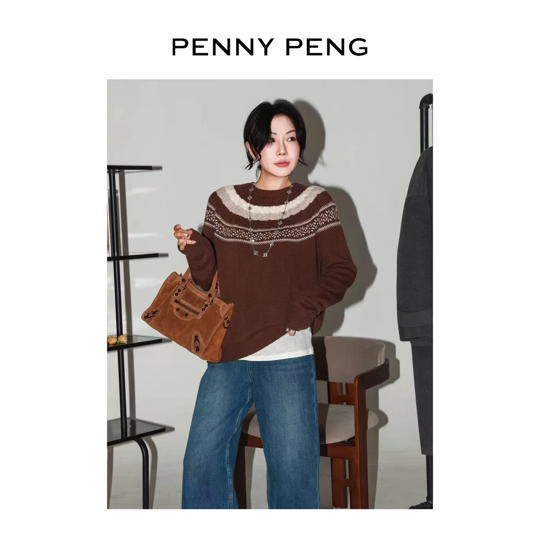 PENNYPENG花纹简史 圆领复古羊毛费尔岛宽松氛围感提花套头衫毛衣