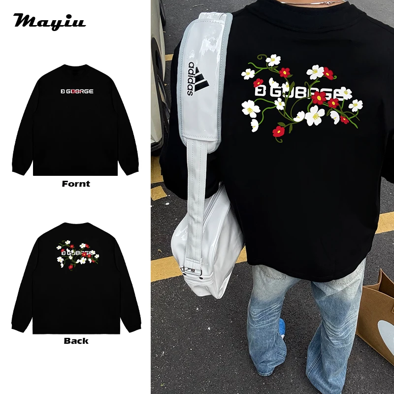 花草环绕字母vintage潮牌秋季嘻哈复古印花圆领T恤男女长袖上衣
