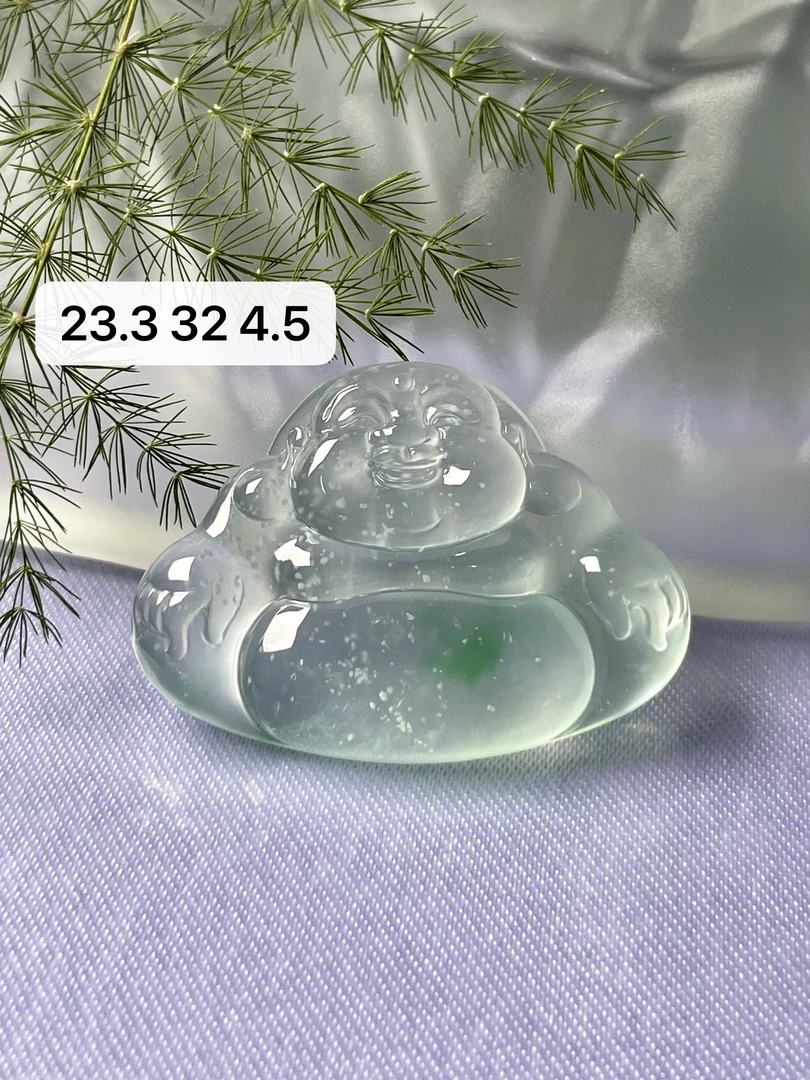 天然a货缅甸翡翠玻璃种雪花棉飘绿佛公吊坠