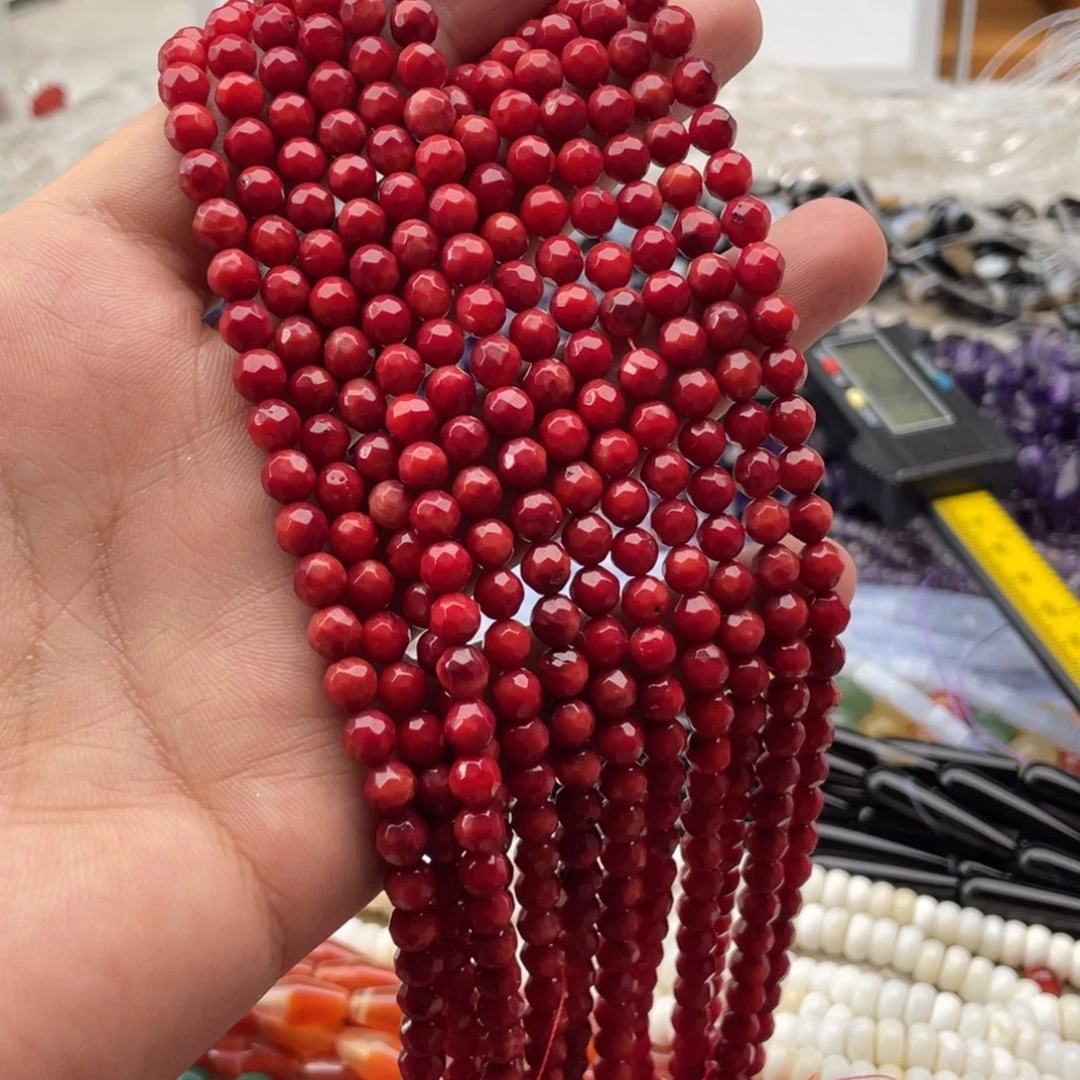 木****玛瑙/玉髓合金珠宝半成品打包6条红精灵切面珠