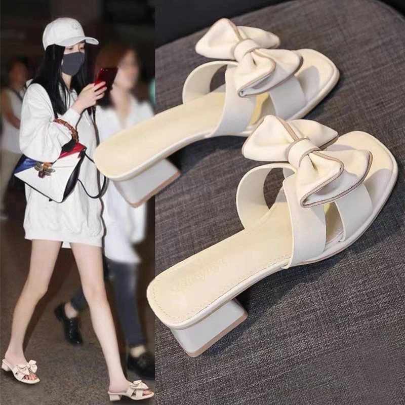 仙女风蝴蝶结字凉拖鞋女夏新款粗跟跟高跟外穿配裙子