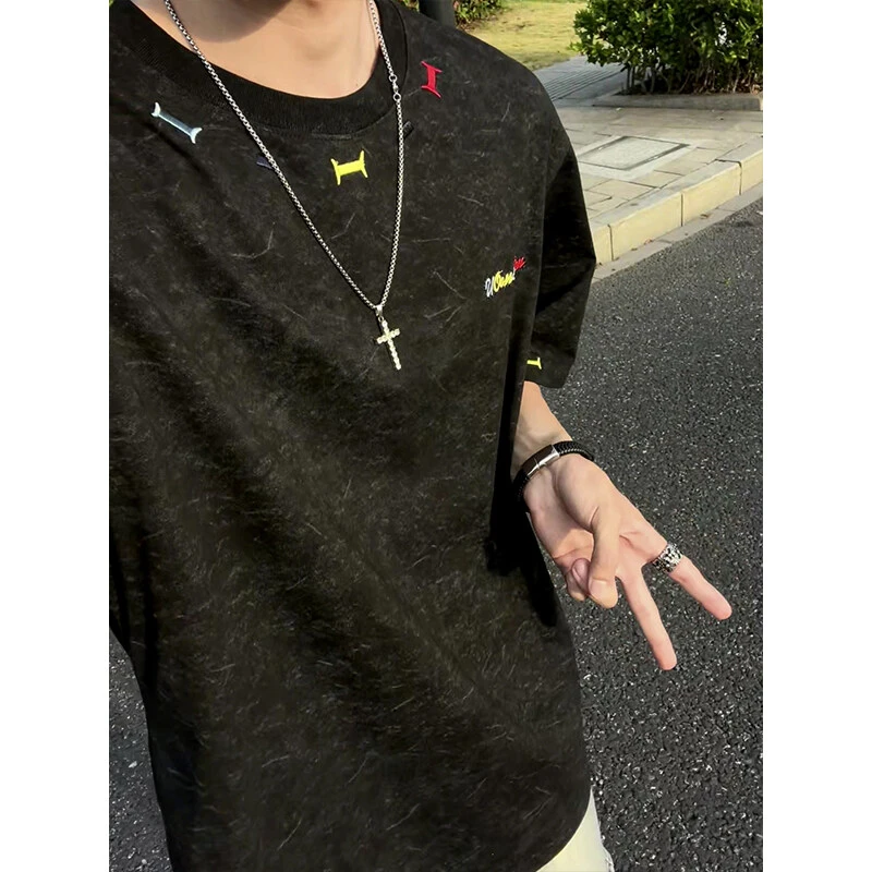 短袖男款夏季重磅刺绣T恤冰丝凉感美式复古潮流宽松半袖体恤上衣