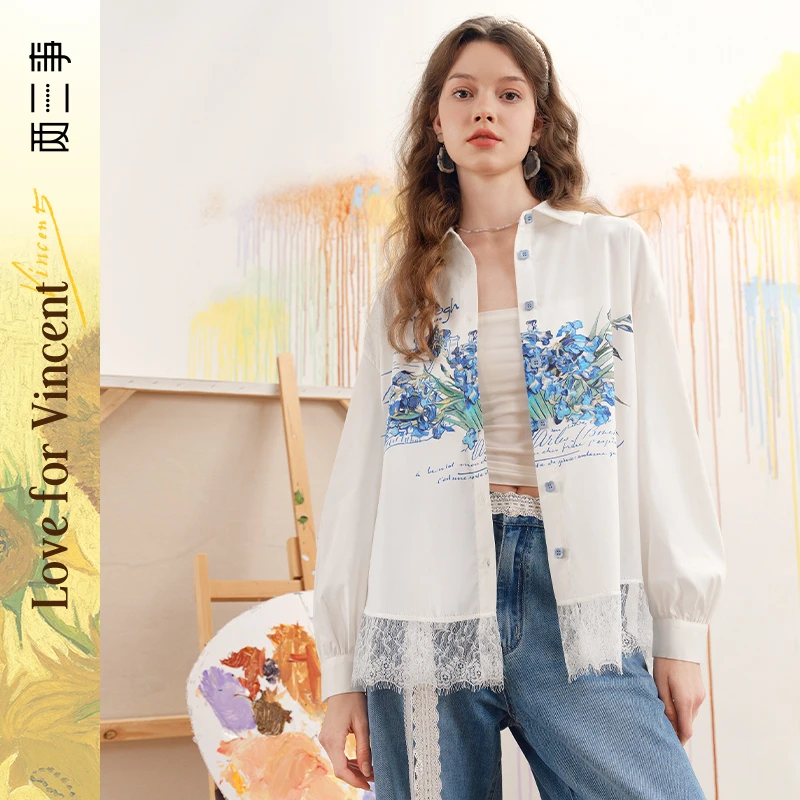 两三事梵高文艺阳光花房2025春季新款蕾丝下摆后背绑带印花衬衫女