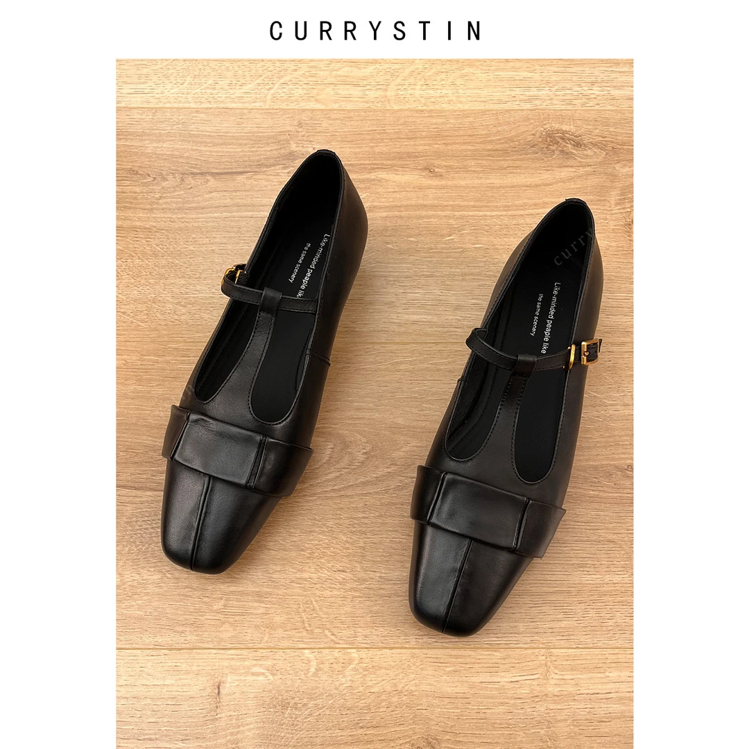 春季新款法式设计师款T字软皮浅口单鞋低跟真皮女鞋通勤玛丽珍鞋