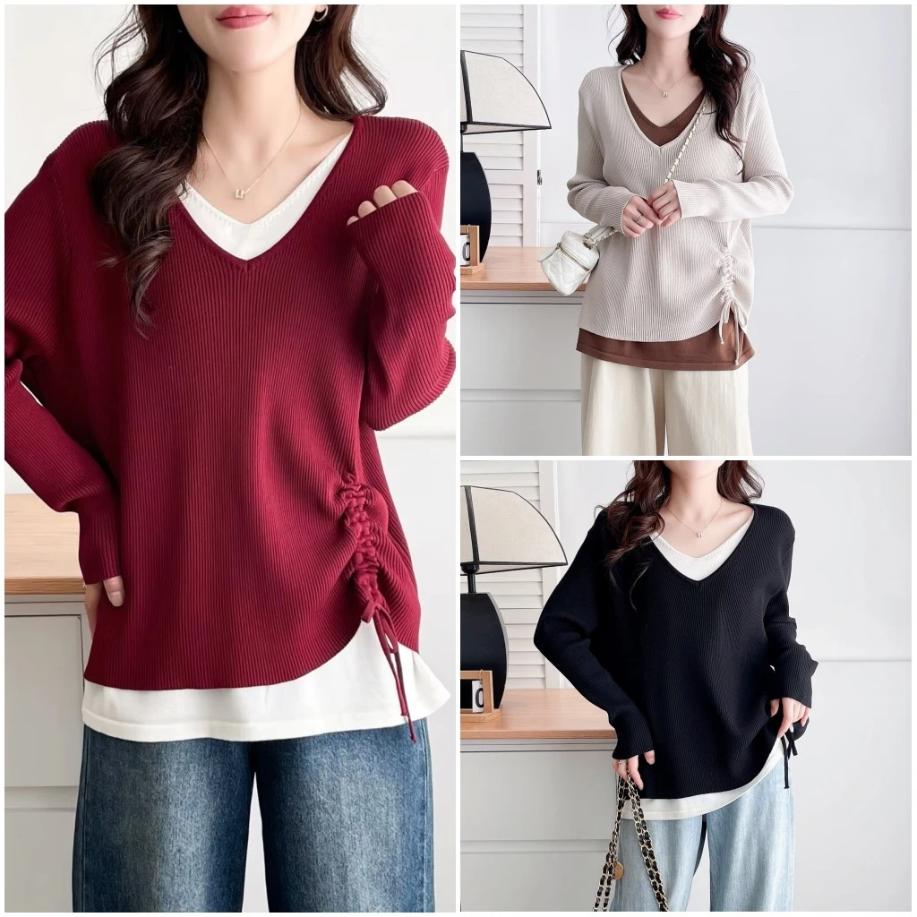 大码胖mm减龄拼色抽褶显瘦假两件V领针织衫冬季新款休闲遮肉上衣