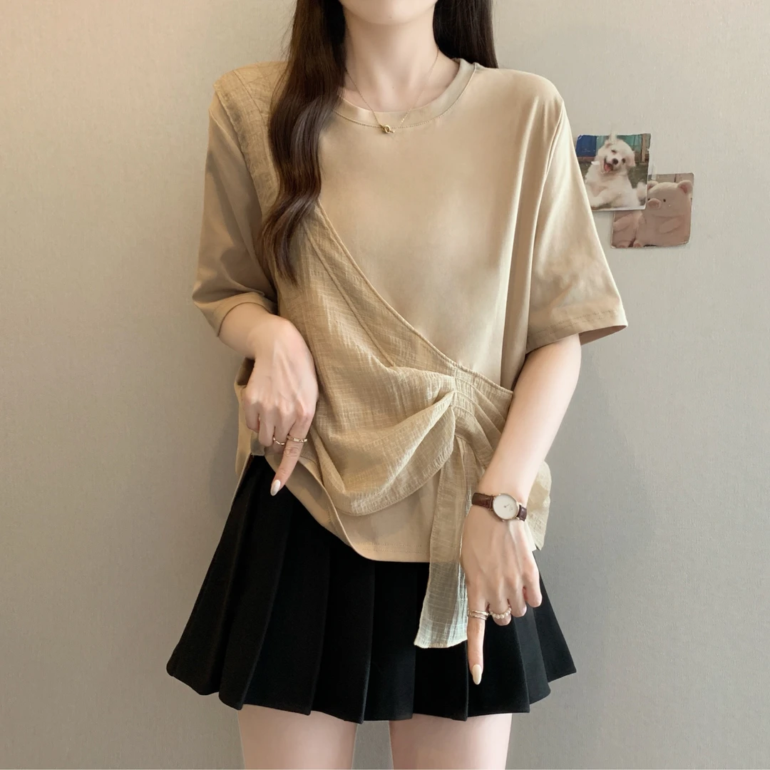 大码胖mm夏季新款圆领纱布拼接短袖T恤遮肚显瘦减龄休闲上衣3010