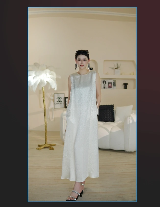 【海绵宝宝】夏季新款进口三醋酸圆领背心显瘦腰带收腰连衣裙长裙