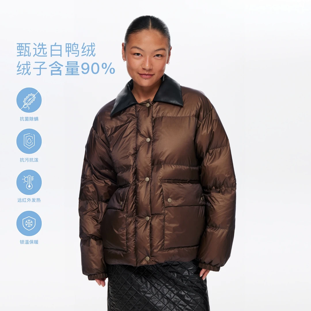 Oneuppu皮领宽松口袋羽绒短款时尚户外保暖立领白鸭绒锁温经典