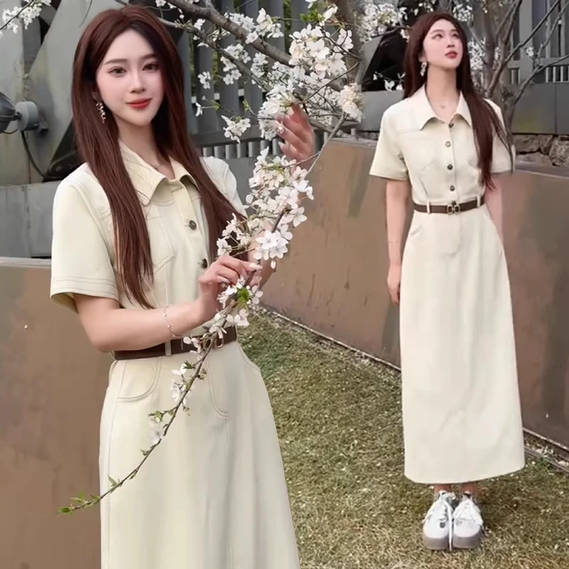 2025新款休闲工装连衣裙女夏季时尚气质显瘦短袖长款收腰衬衫裙子