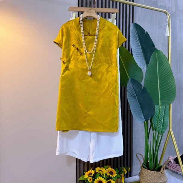 新中式夏季新款大码女装时尚复古国风盘扣提花砍袖衫阔腿裤宽松