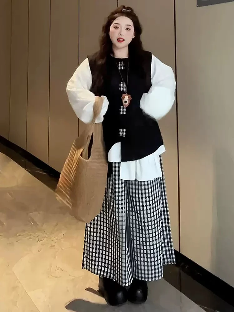 大码套装马甲衬衫格子裤子三件套女胖mm巨显瘦早秋穿搭一整套2501