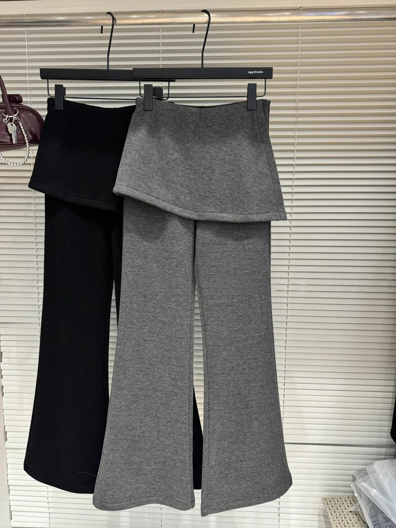 2025秋冬新款高腰显瘦假两件微喇卫裤女加厚休闲阔腿垂感拖地裙裤