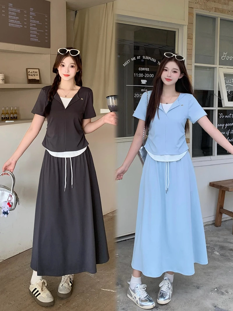 2025胖mm大码女韩系休闲撞色拼接短袖T恤+半身裙套装 22179