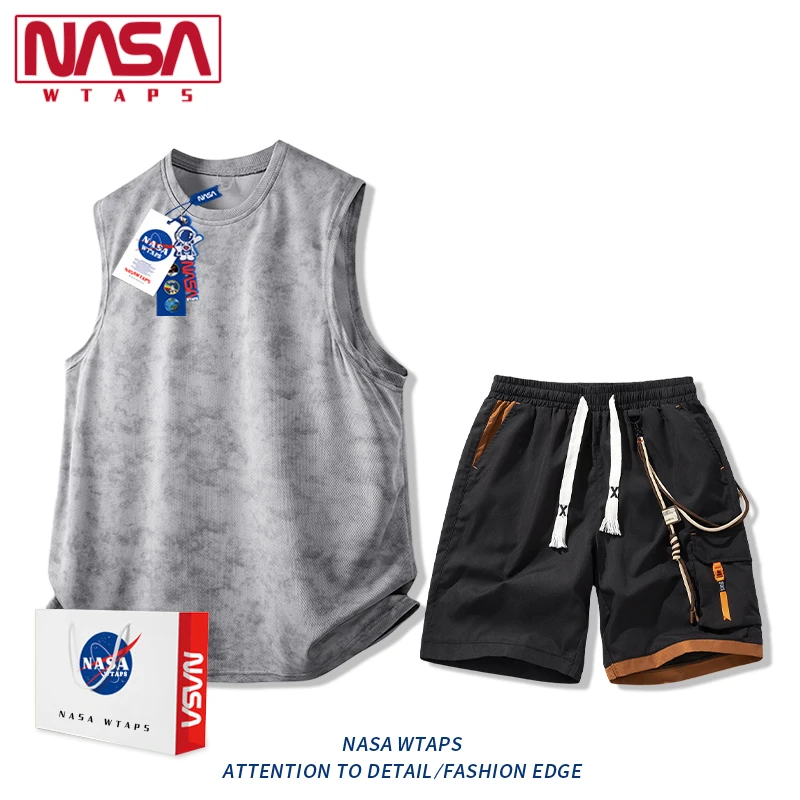 NASA WTAPS无袖坎肩背心套装男士夏季薄款运动健身速干短裤两件套