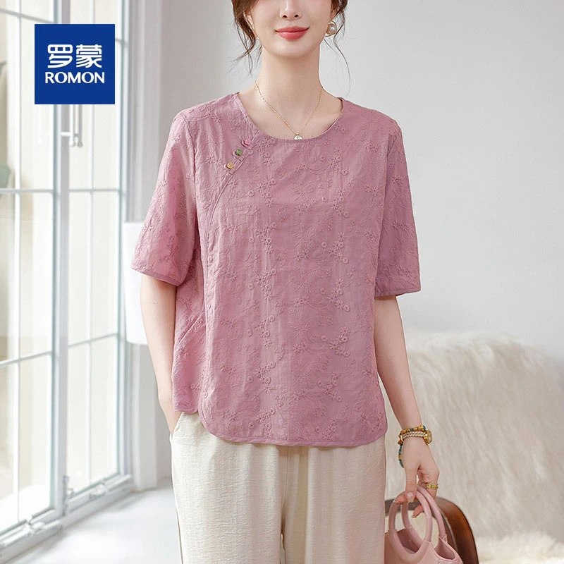 罗蒙小个子妈妈夏装绣花小衫套装女中老年人短袖T恤衫上衣两件套