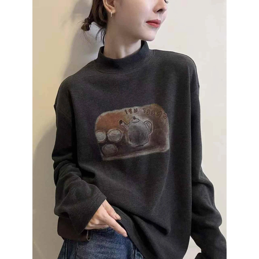 欧货半高领德绒长袖t恤女2025秋冬新款休闲百搭打底衫时髦上衣潮