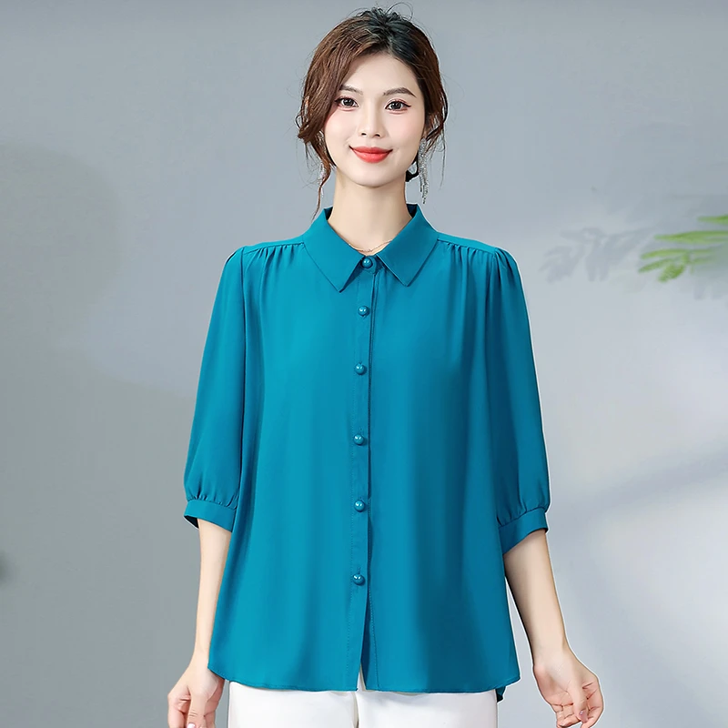 中老年妈妈装宽松七分袖常规纯色透气雪纺纱衬衫女装妈妈装夏季