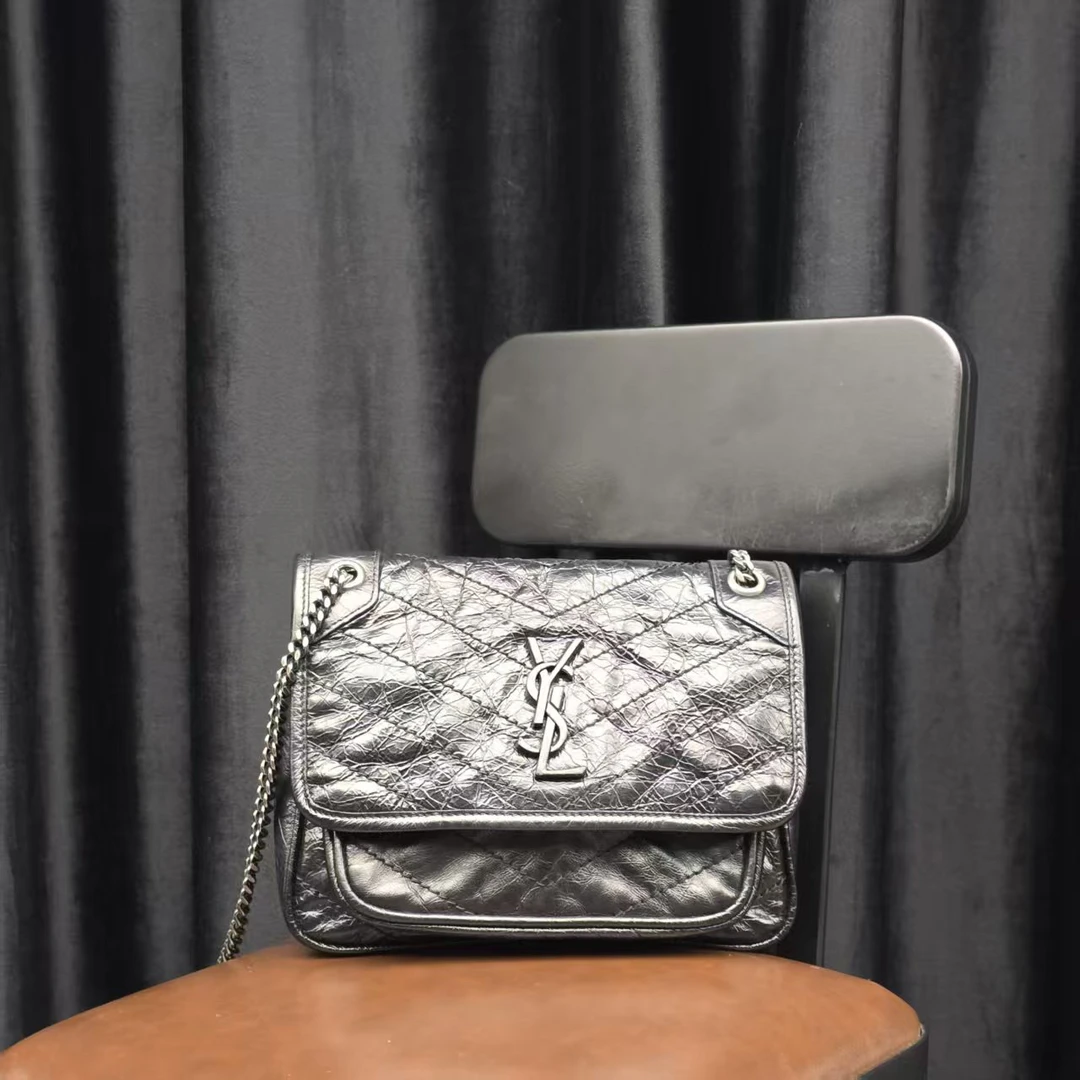 99新 YSL/圣罗兰 黑银niki黑色经典链条斜挎包