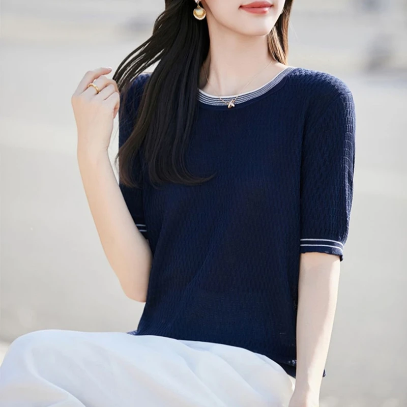 绣罗珠履~天丝莱赛尔纤维气质撞色显瘦中袖针织短袖