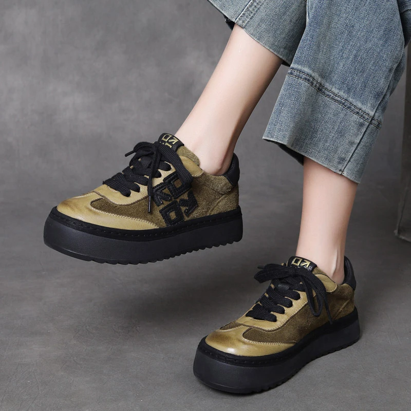 2025秋冬新款头层牛皮复古低帮休闲女士皮鞋真皮拼色厚底女鞋