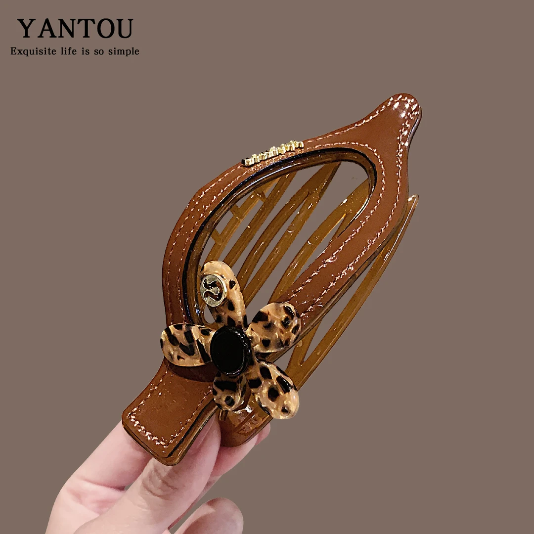 磨砂豹纹花朵鸭嘴夹扁平发夹后脑勺盘发抓夹褐色防滑头饰女发饰