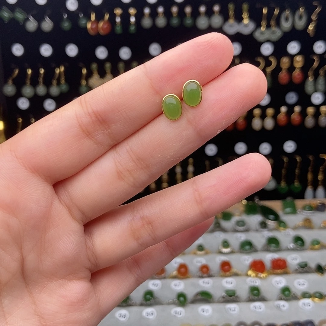 银S925镀金镶嵌和田玉耳饰