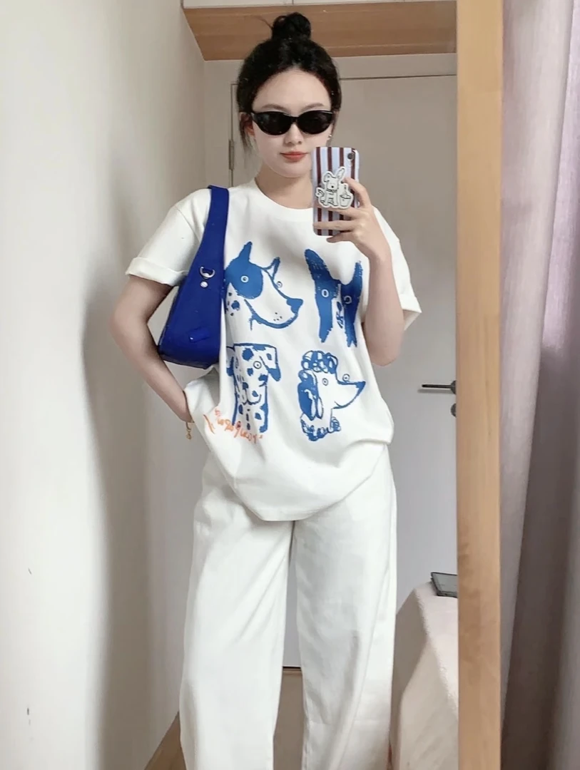 夏季新款美式复古重磅纯棉蓝色狗狗印花t恤女宽松百搭休闲上衣潮