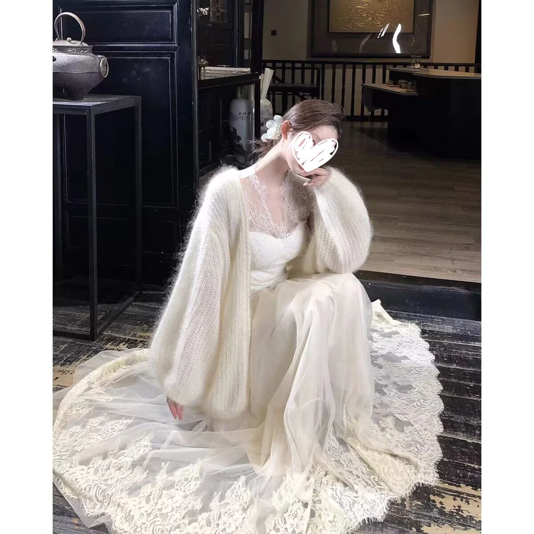 【3795】【樱吹雪】纯欲风v领蕾丝上衣网纱半裙马海毛开衫三件套