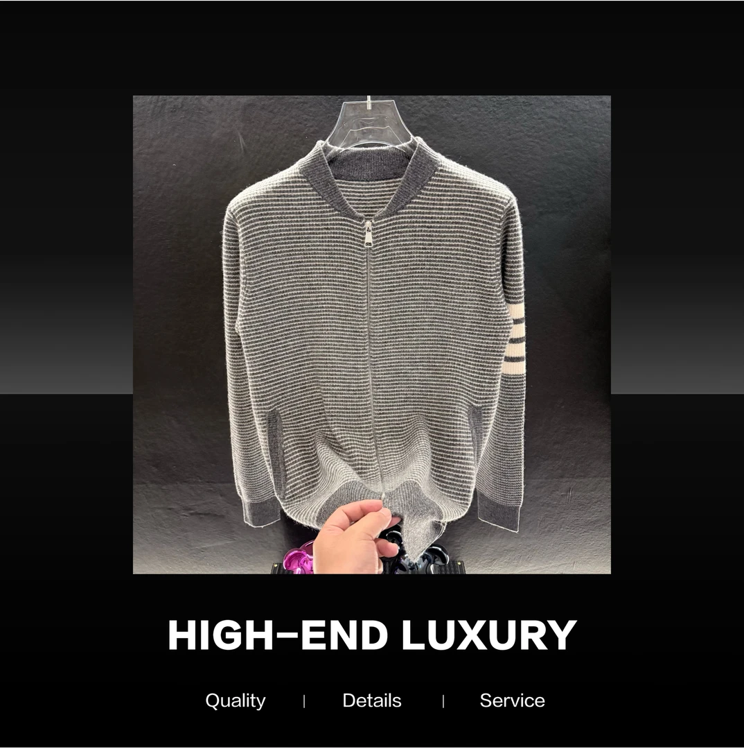 LOWUE 2025秋冬新款圆领条纹长袖厚款外套开衫毛衣（LL-8014)