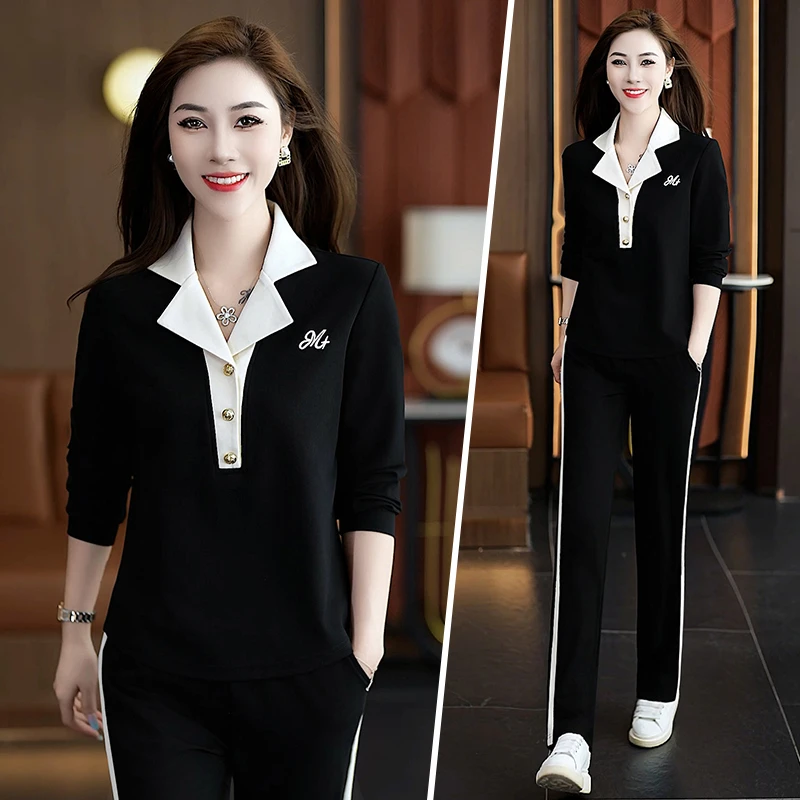 休闲运动套装女2025秋季减龄大码休闲百搭显瘦春秋翻领女士两件套