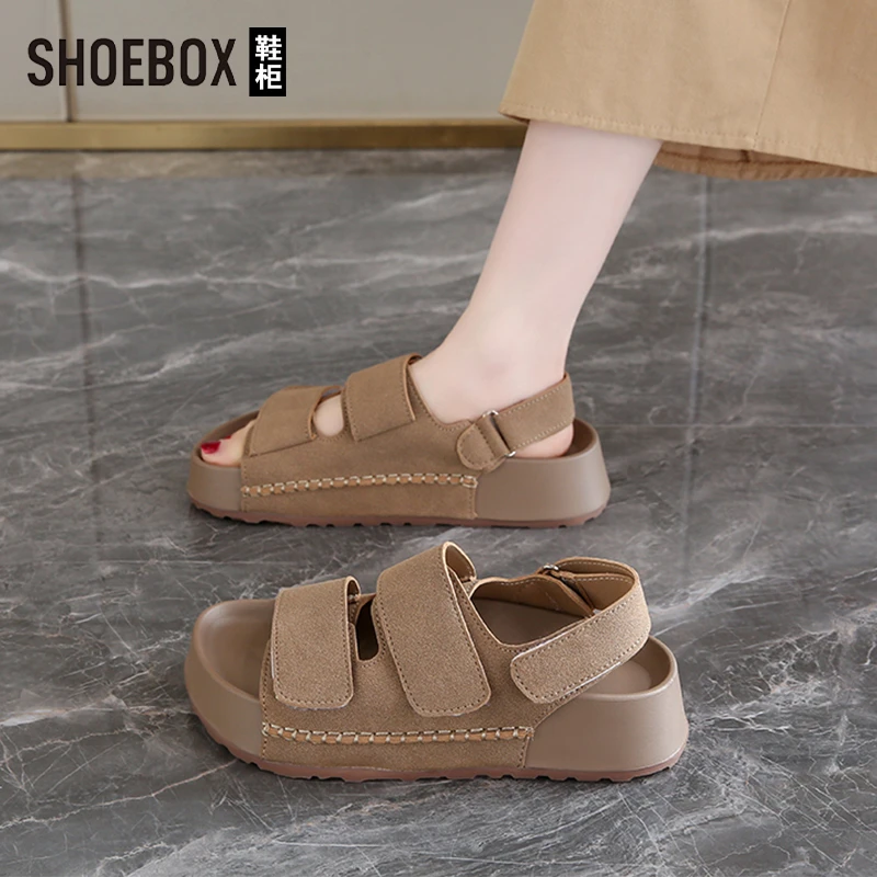 SHOEBOX鞋柜魔术贴复古勃肯凉鞋女2025新款夏厚底时尚百搭凉鞋