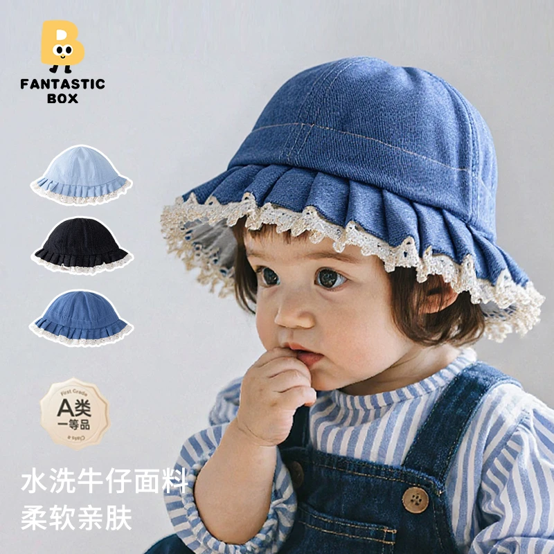 宝宝牛仔花边渔夫帽小孩秋季新款韩版百搭防风系带帽子