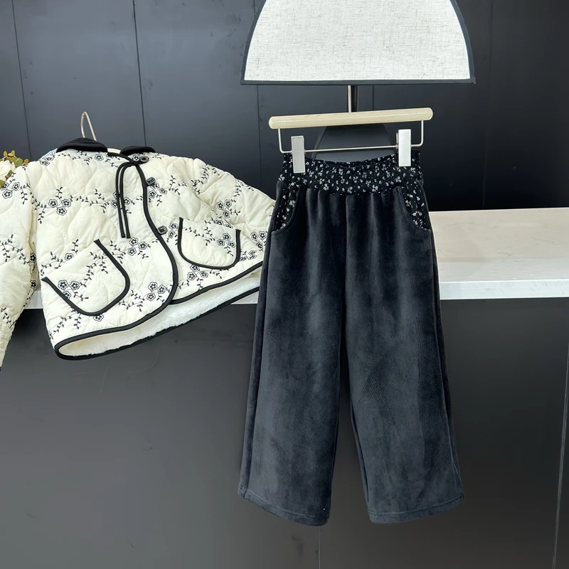 现货Leomama女童裤子花腰新款洋气直筒裤女孩加厚保暖宽松休闲裤