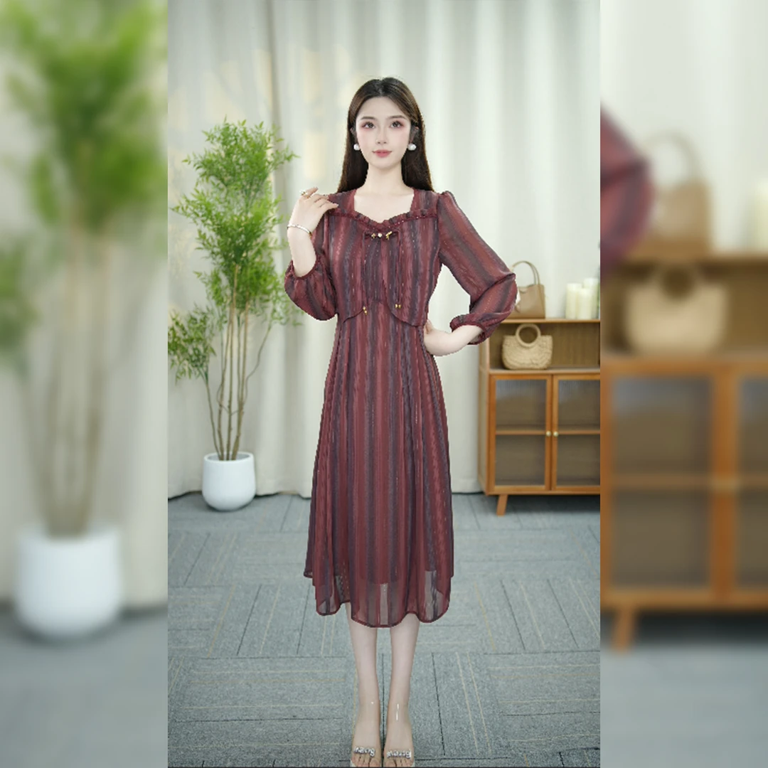 【美依莱女装】WT016爆款女装长袖优雅连衣裙收腰显瘦洋气中长款裙