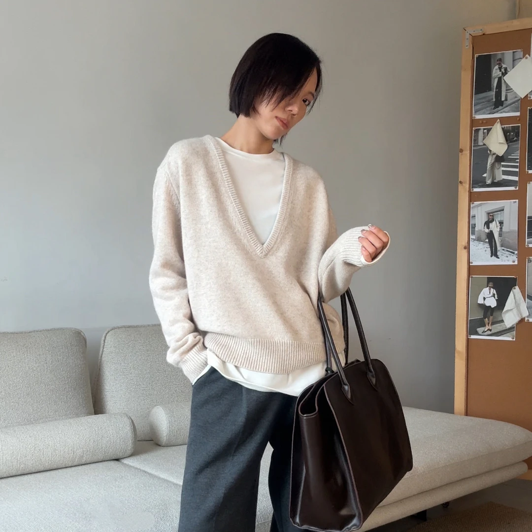 山阶 柔软极简羊绒羊毛深V领毛衣 25秋冬大V领套头针织衫上衣女