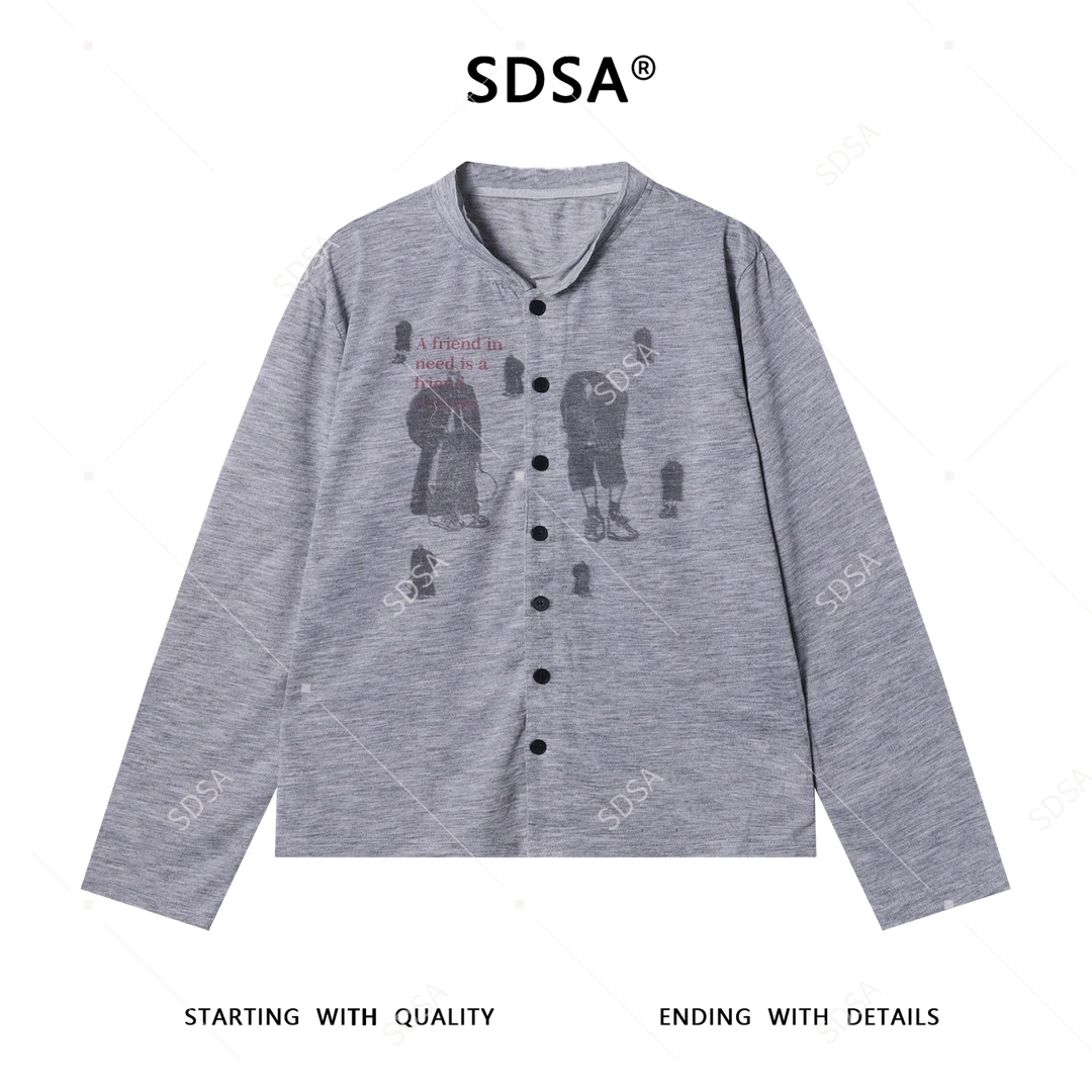 SDSA男士秋冬新款痞帅男装撞色印花字母纽扣开衫T恤网红款上衣