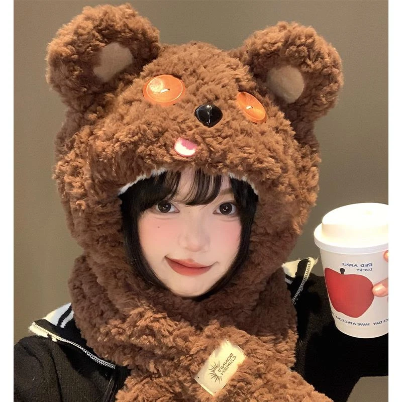 钮扣小熊耳朵帽子围巾一体女秋冬季毛绒加厚防寒保暖护耳雷锋帽潮