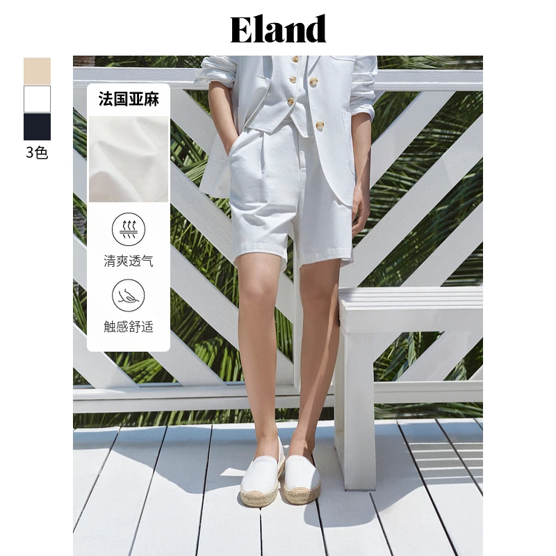 【亚麻】Eland衣恋短裤女纯色钟表袋盖微弹A字百搭裤子EETHF24M04