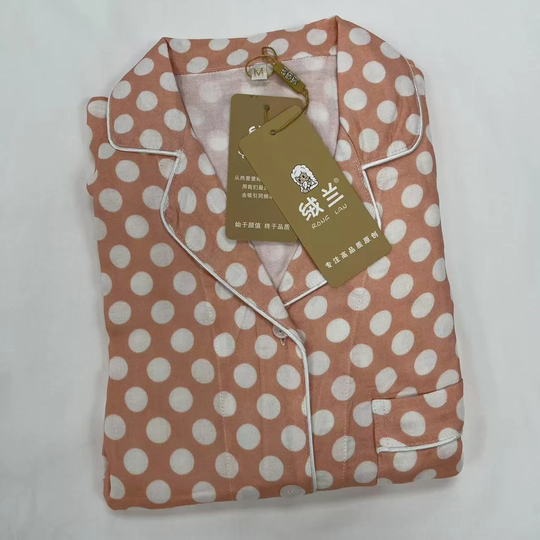 【绒兰】女款 短袖长裤 A类竹纤维双层纱家居服套装 7号 粉底波点