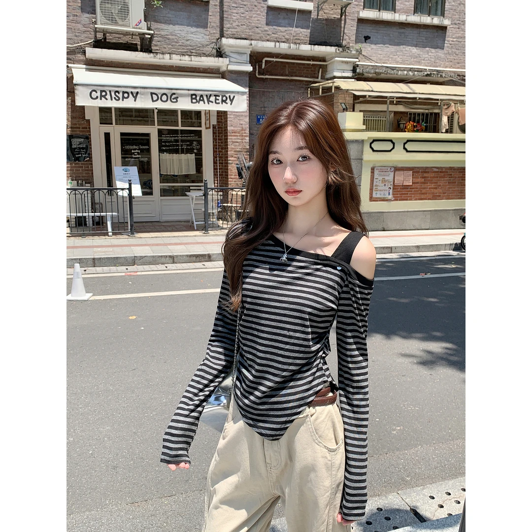 修身辣妹斜领露肩条纹长袖t恤女秋季新款不规则下摆遮肚子上衣ins