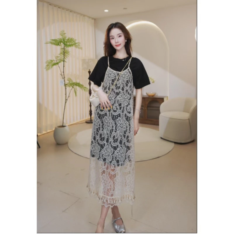 时尚套装气质夏装裙子法式吊带蕾丝中长款镂空5151