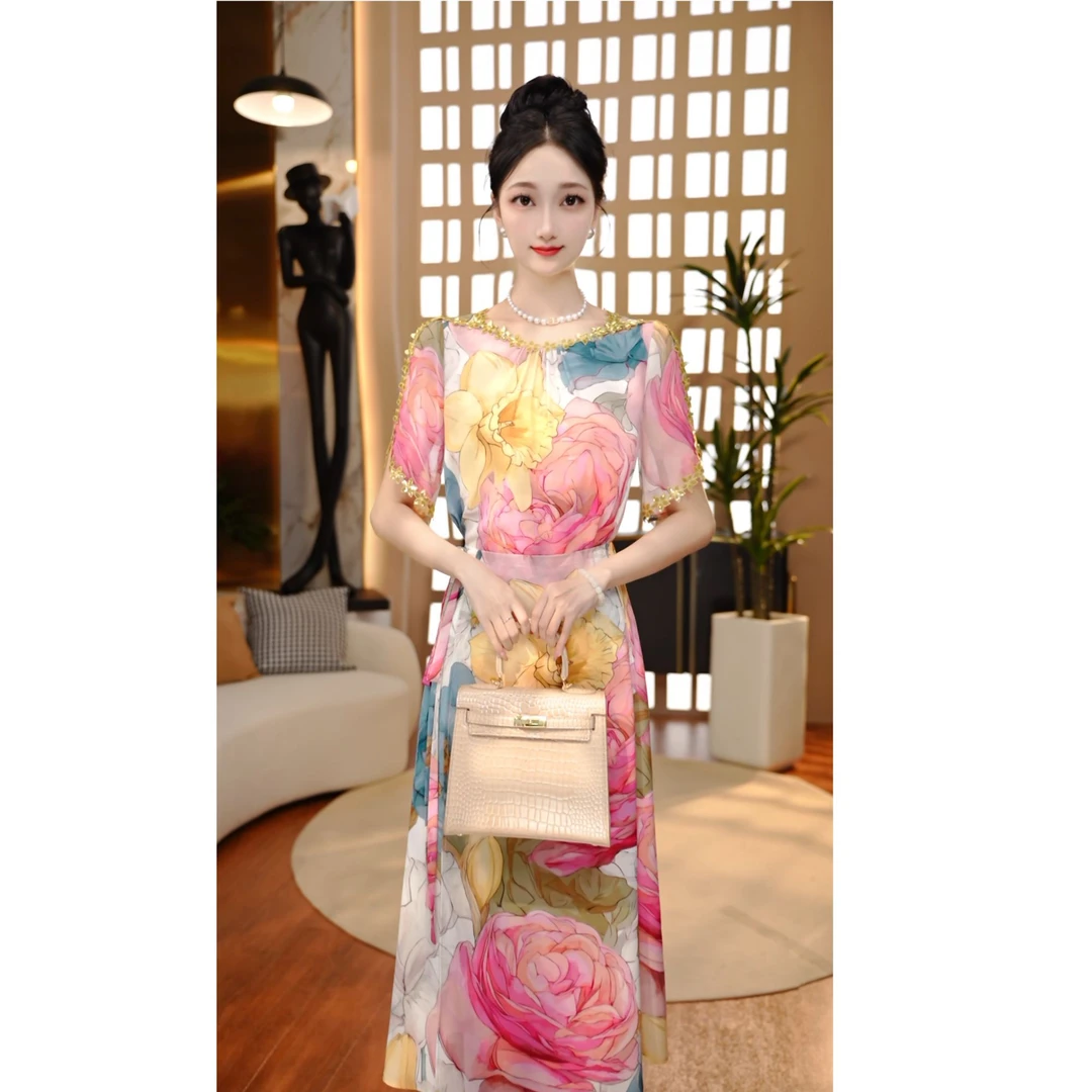 夏季新款上新百搭显瘦印花款法式蕾丝新款连衣裙-D250501