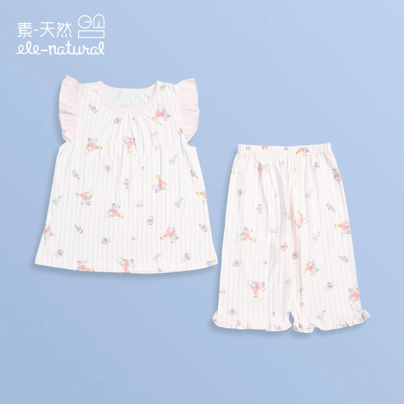 (S141)素天然气球美乐蒂女童针织印花短袖中裤套装