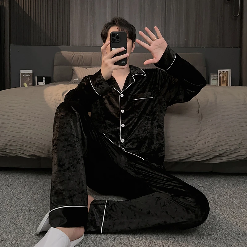 金钻绒男士春秋睡衣长袖可外穿黑色大码秋冬高级感家居服轻奢套装