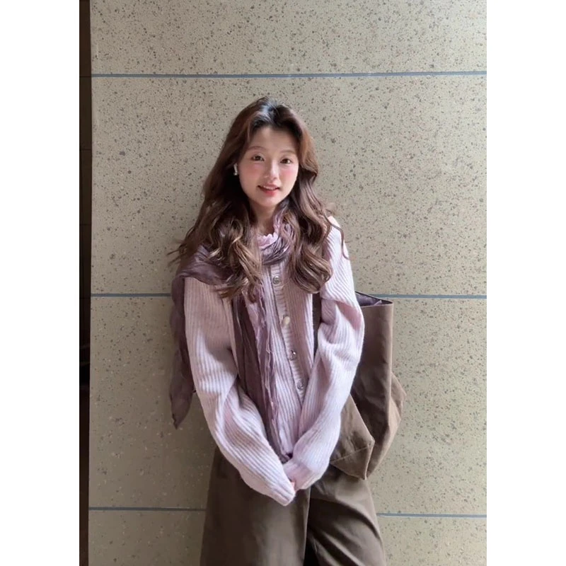 韩系减龄韩版长袖针织开衫女秋冬新款圆领单排扣外搭毛衣外套