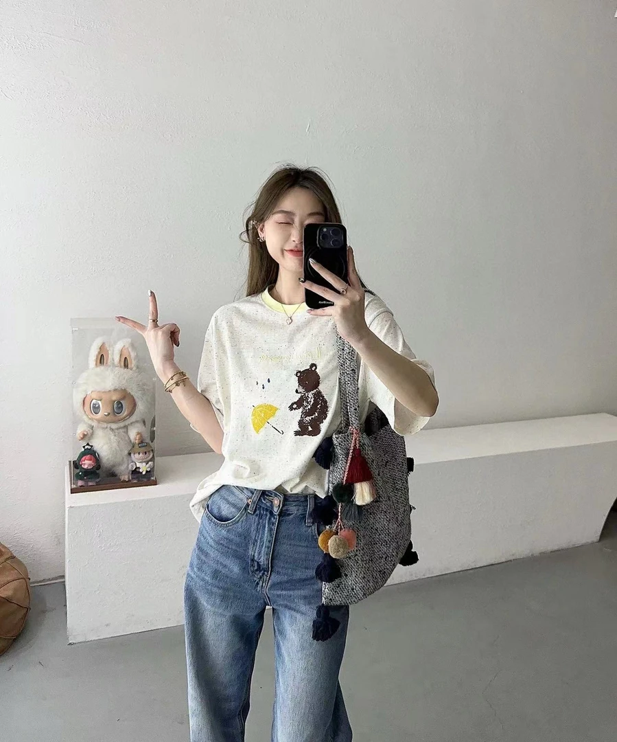 夏季彩点字母印花小熊圆领短袖时尚T恤2663