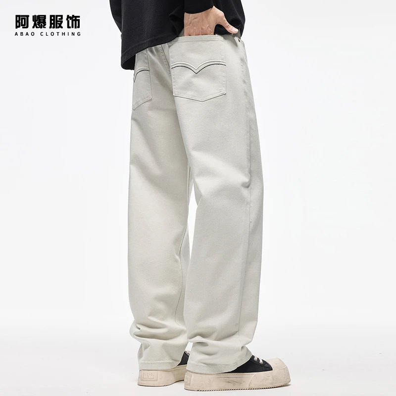 【阿爆服饰】2025新款牛仔裤男秋季美式弹力宽松直筒白色休闲长裤潮